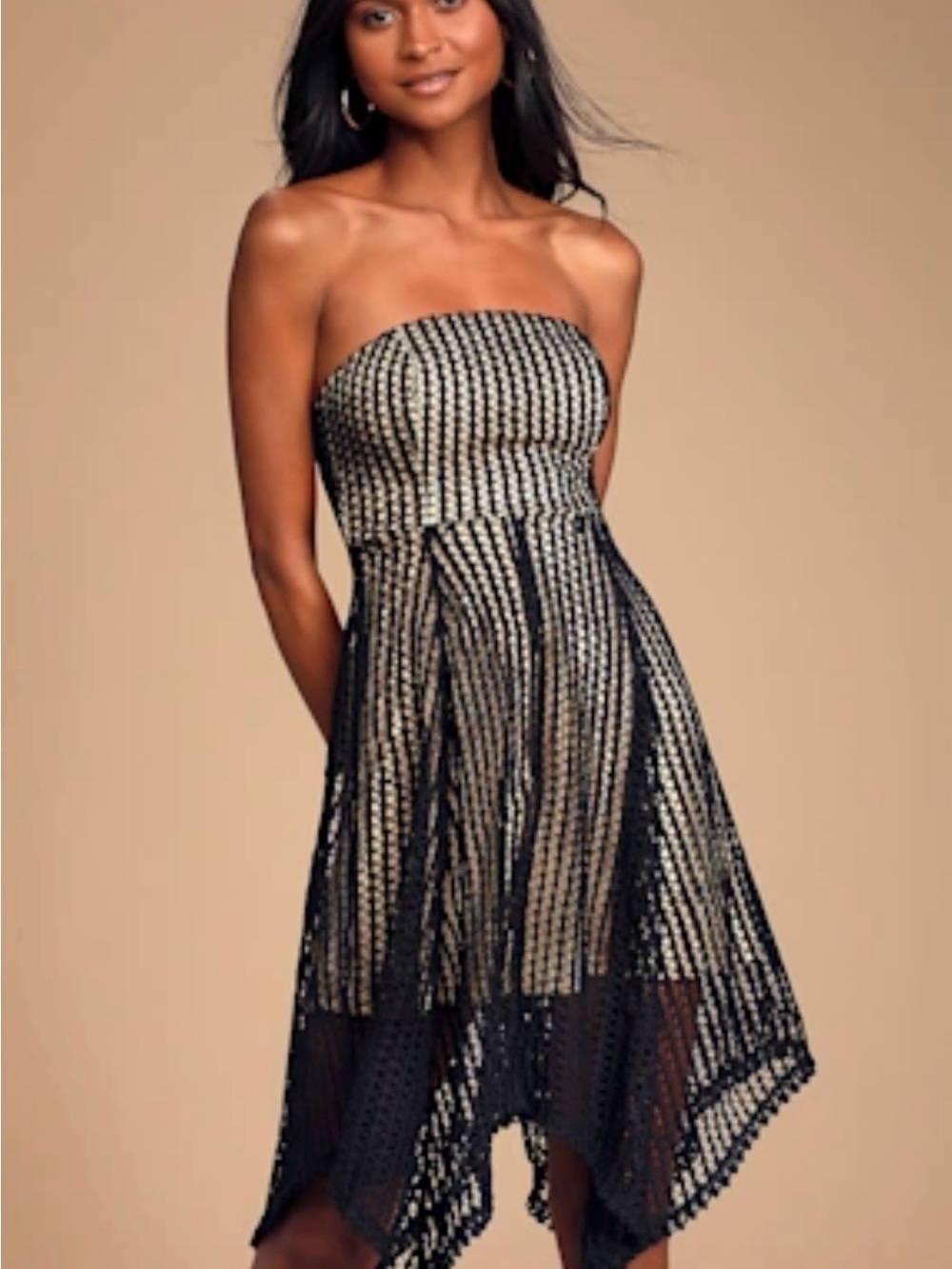 Lulu's Strapless Whimsy Goth Black and Gold Crochet Y2K Handkerchief Hem Dress